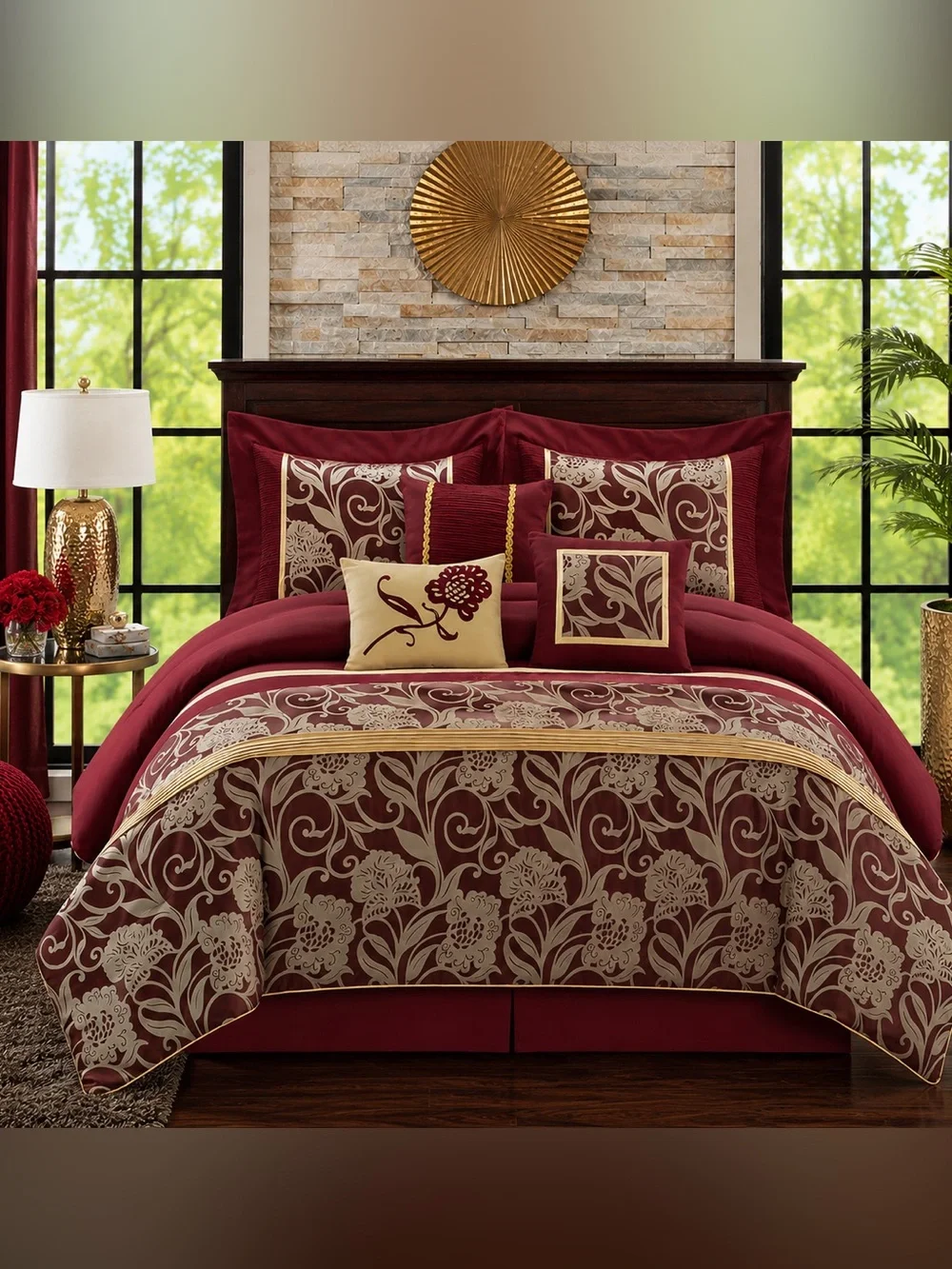Luxurious Nanshing Mollybee Queen Red Gold 7 Pc Floral Comforter Bedding Set